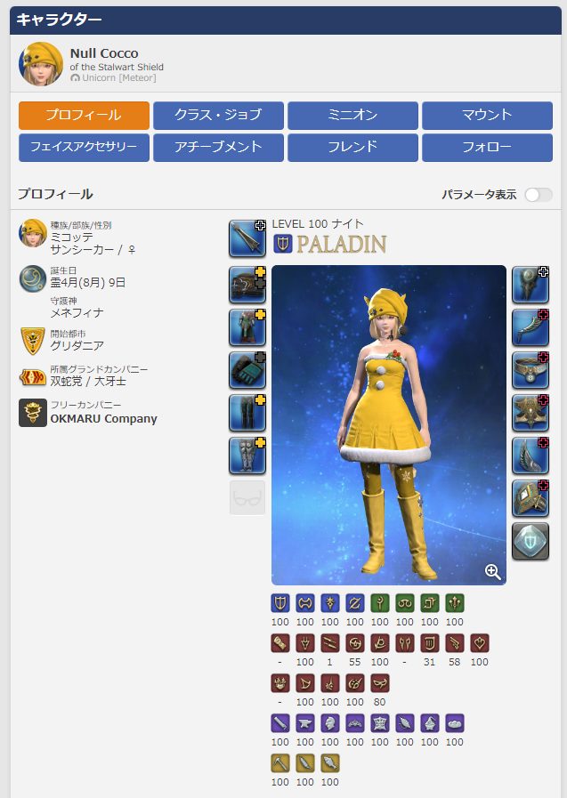キャラクターの基本情報が表示される